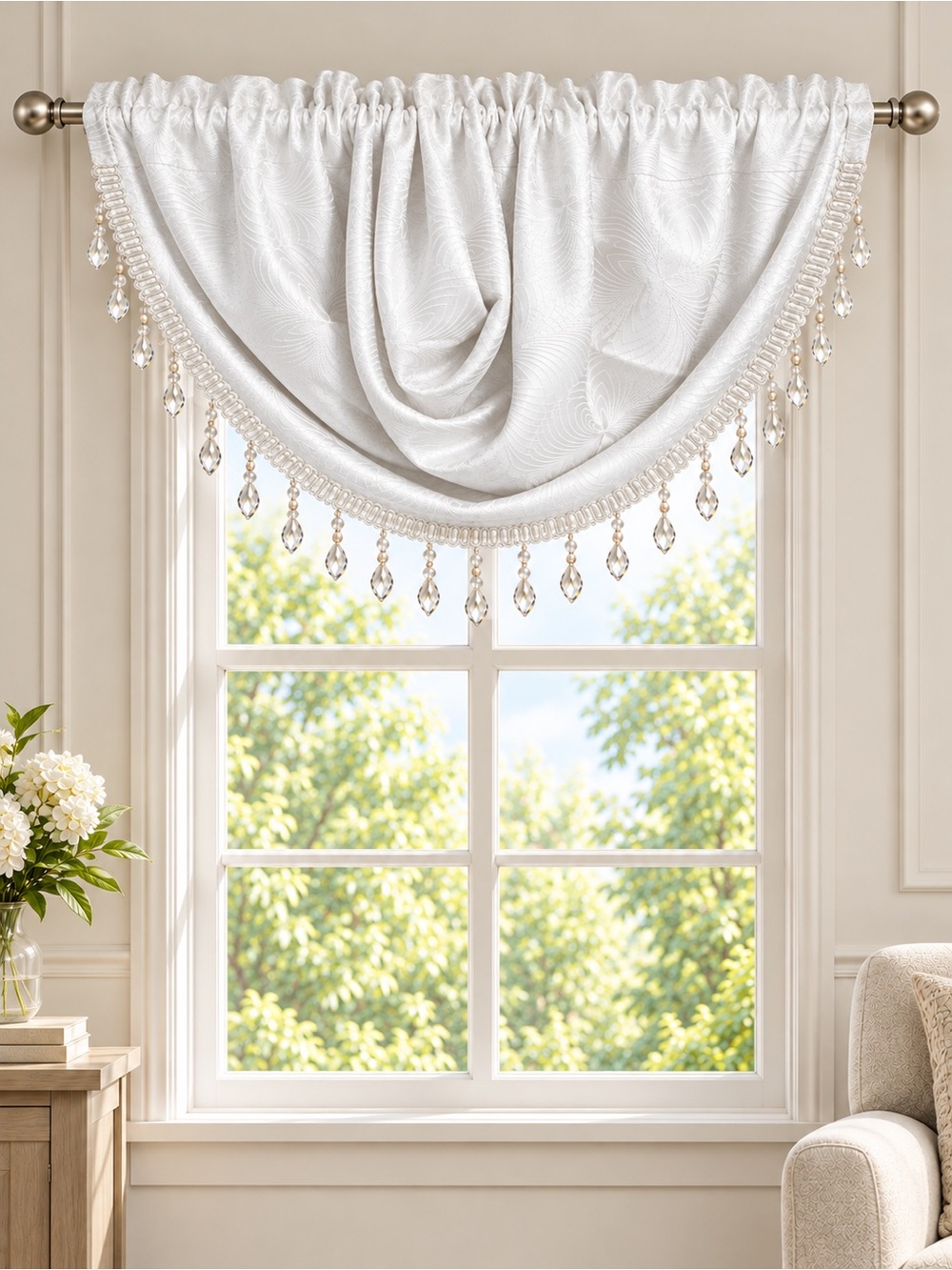 Set of 4 White Crystal Beaded Oval Swag Valances